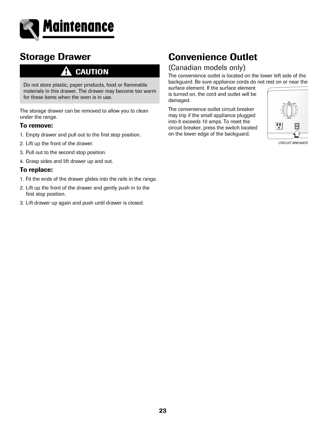 Maytag Range Storage Drawer, Convenience Outlet, Canadian models only, Maintenance, To remove, To replace 