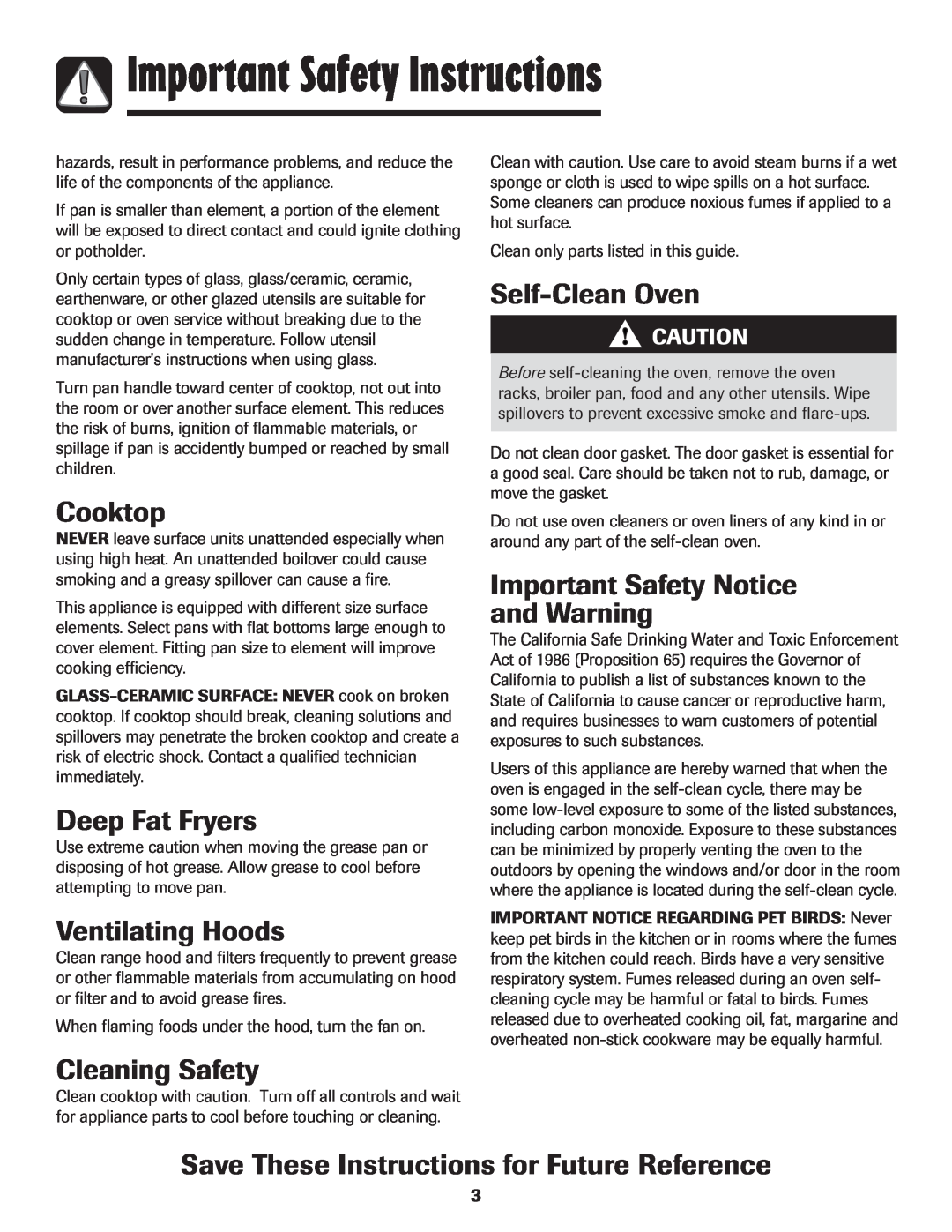 Maytag Range Cooktop, Deep Fat Fryers, Ventilating Hoods, Self-CleanOven, Important Safety Notice and Warning 