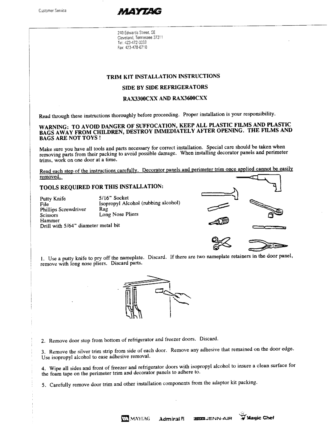 Maytag RAX3300CXX, RAX3600CXX installation instructions Removed 