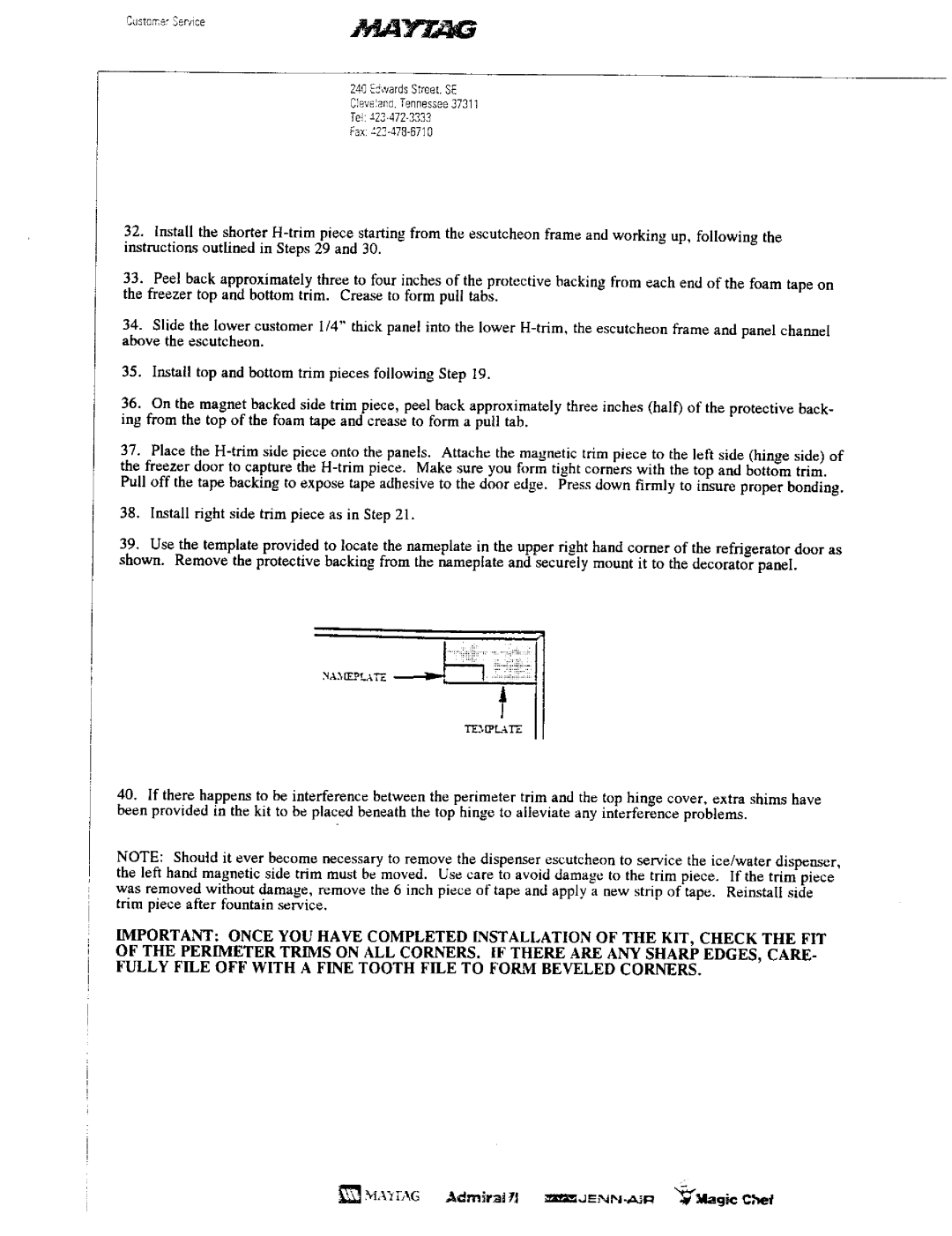 Maytag RAX3300CXX, RAX3600CXX installation instructions Fax 