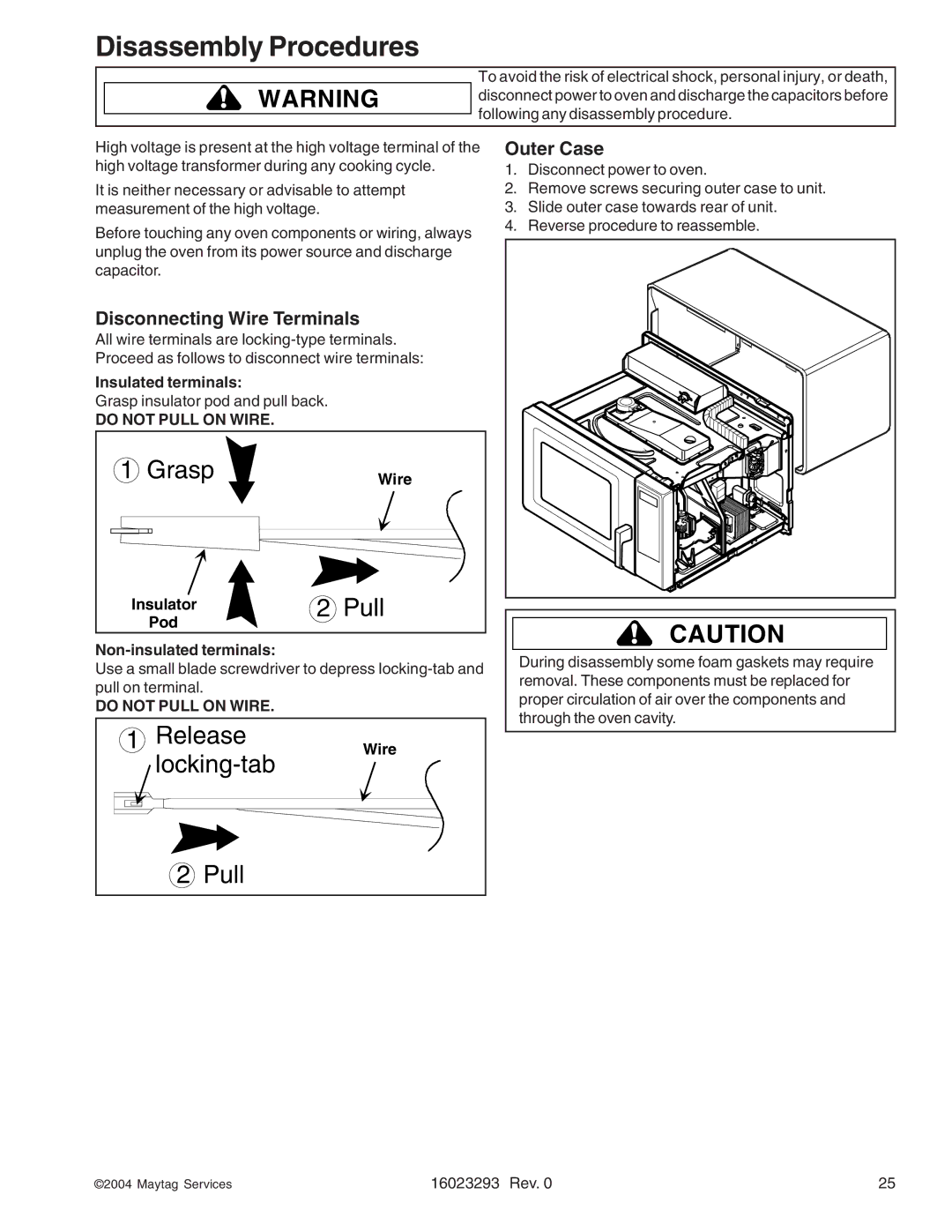 Maytag RCS Disassembly Procedures, Disconnecting Wire Terminals, Outer Case, Insulated terminals, Non-insulated terminals 