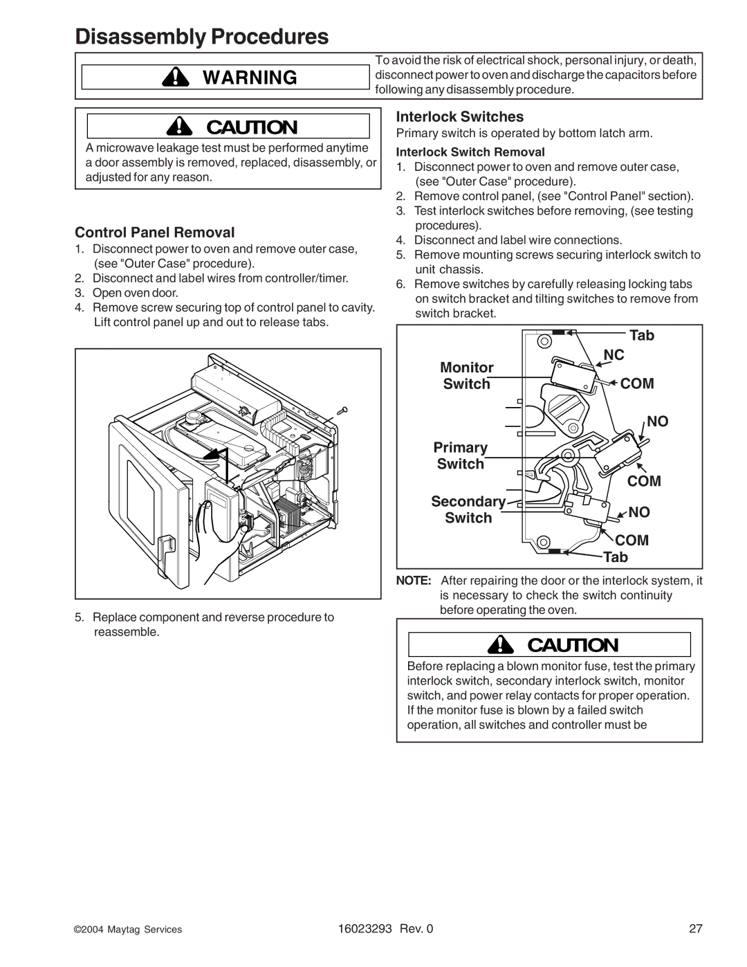 Maytag RCS10DA, RFS manual Interlock Switches, Control Panel Removal, Interlock Switch Removal 