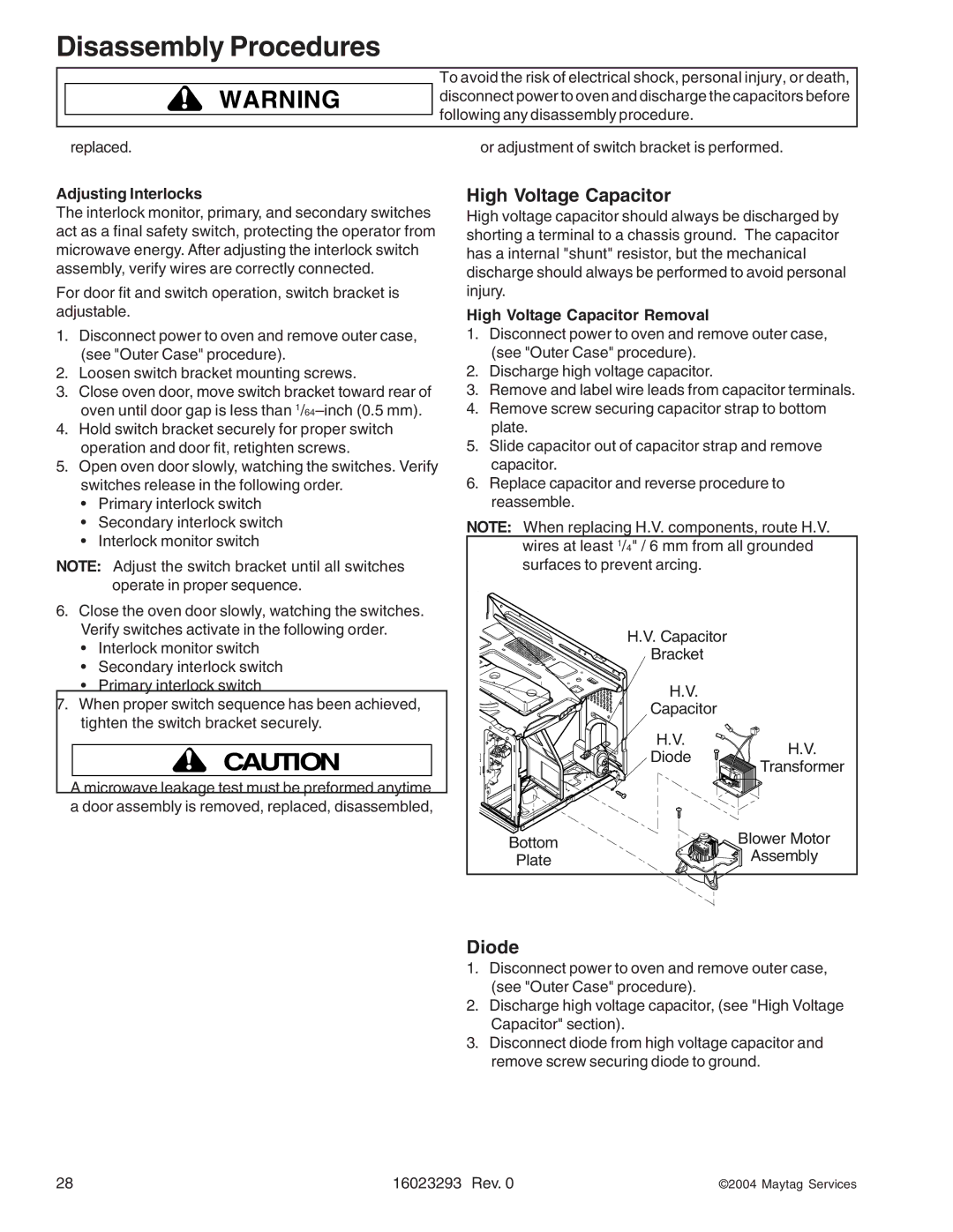 Maytag RCS10DA, RFS manual Diode, Adjusting Interlocks, High Voltage Capacitor Removal 