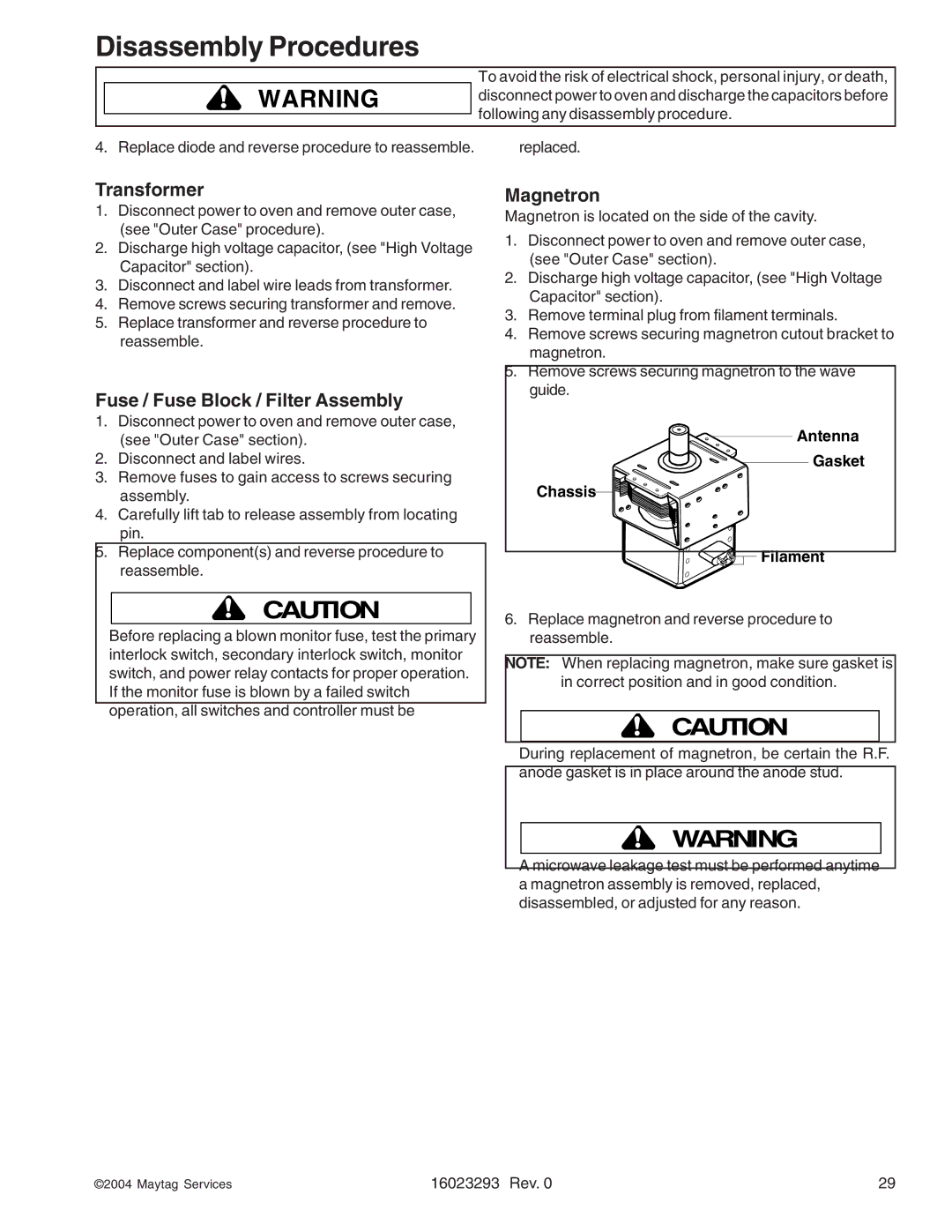 Maytag RFS, RCS10DA manual Transformer, Fuse / Fuse Block / Filter Assembly, Magnetron 