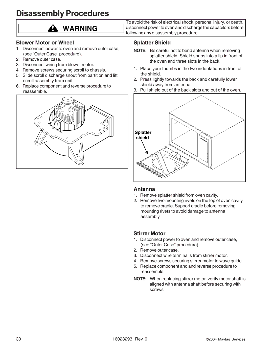 Maytag RCS10DA, RFS manual Blower Motor or Wheel Splatter Shield, Antenna, Stirrer Motor 