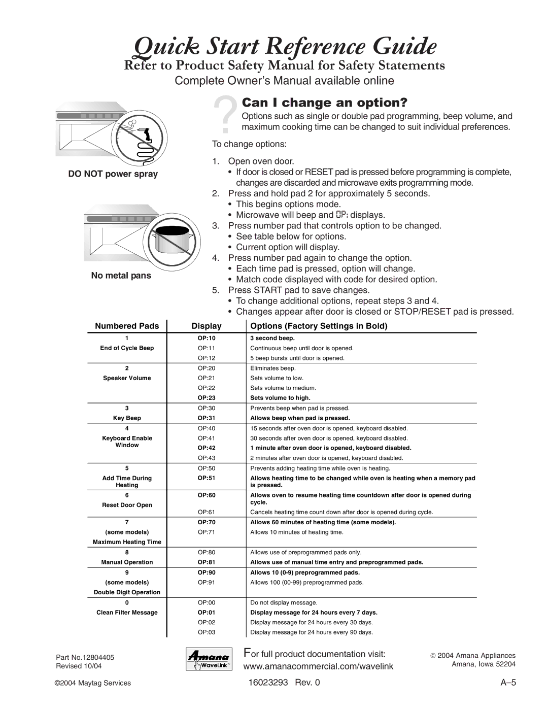 Maytag RCS10DA, RFS manual Quick Start Reference Guide, Do not power spray No metal pans 