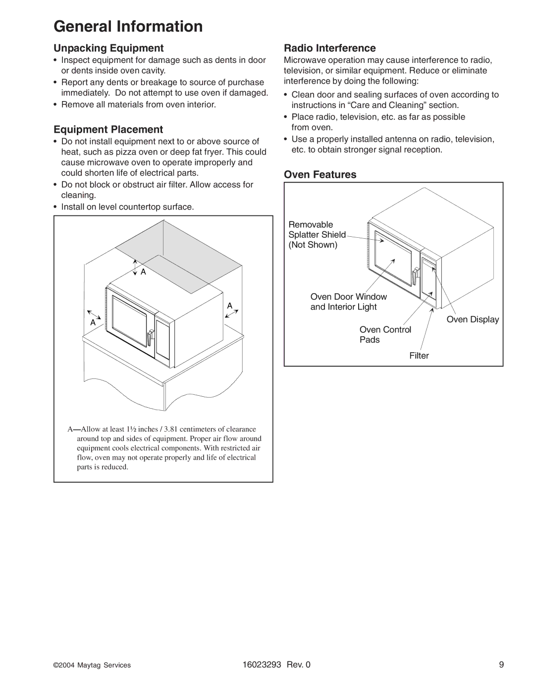 Maytag RCS10DA, RFS manual General Information, Unpacking Equipment, Equipment Placement, Radio Interference, Oven Features 