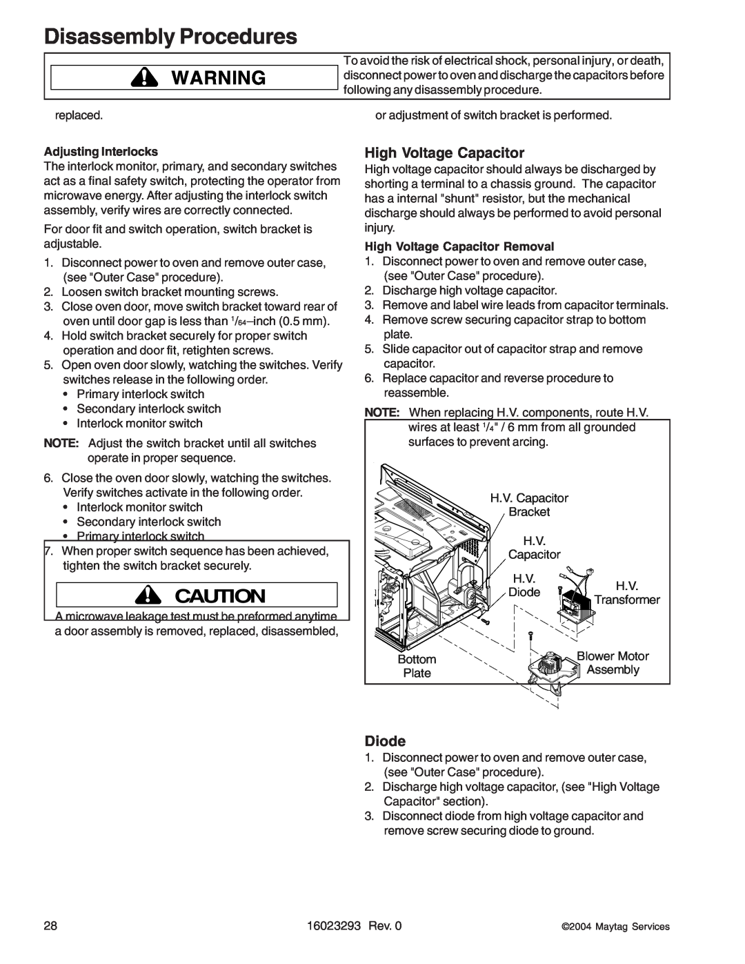 Maytag RCS Diode, Disassembly Procedures, Adjusting Interlocks, High Voltage Capacitor Removal, H.V. Capacitor Bracket 