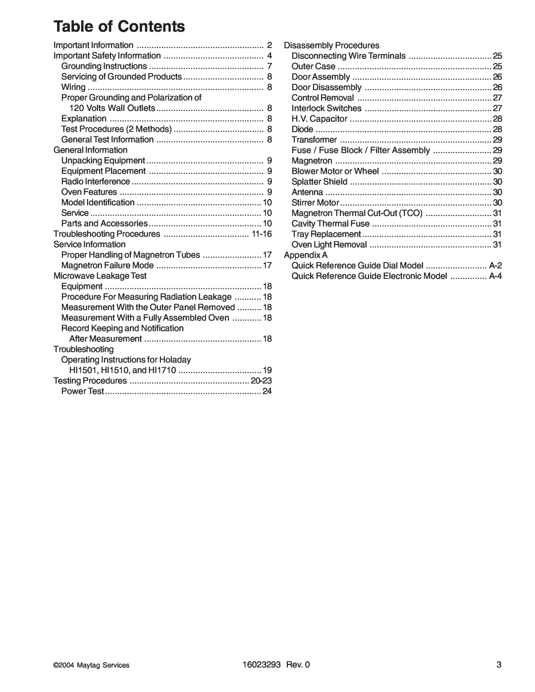 Maytag RCS10DA, RFS manual Table of Contents 