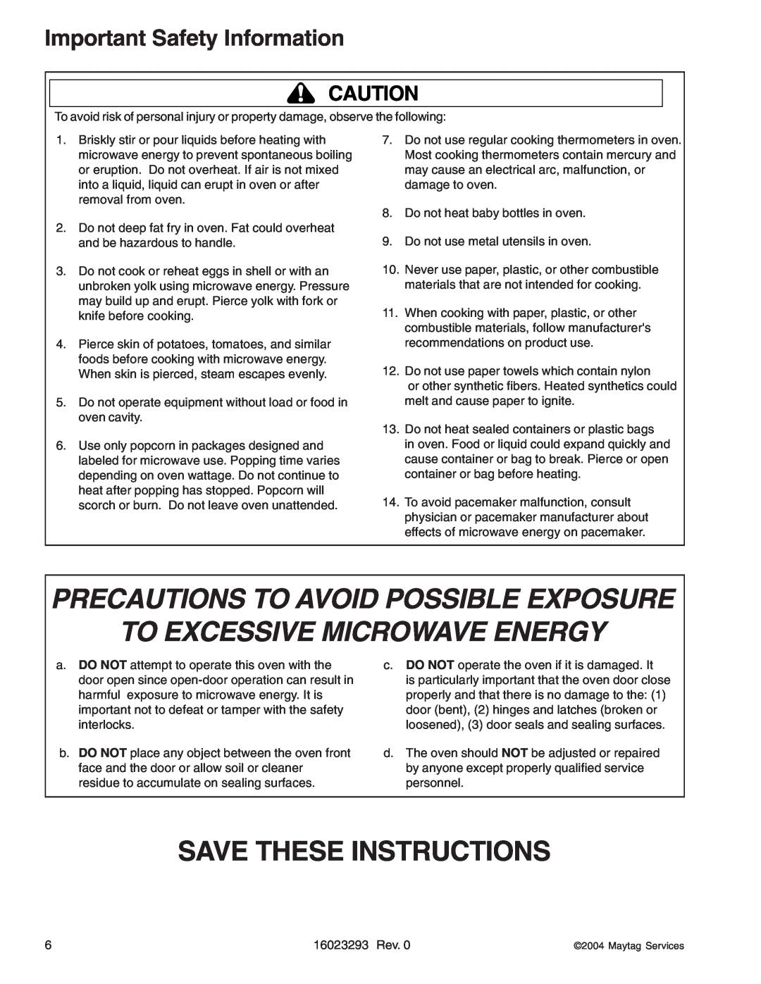 Maytag RCS10DA, RFS manual Precautions To Avoid Possible Exposure To Excessive Microwave Energy, Save These Instructions 