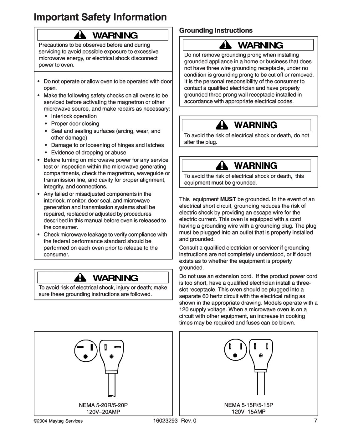 Maytag RCS10DA, RFS manual Grounding Instructions, Important Safety Information 