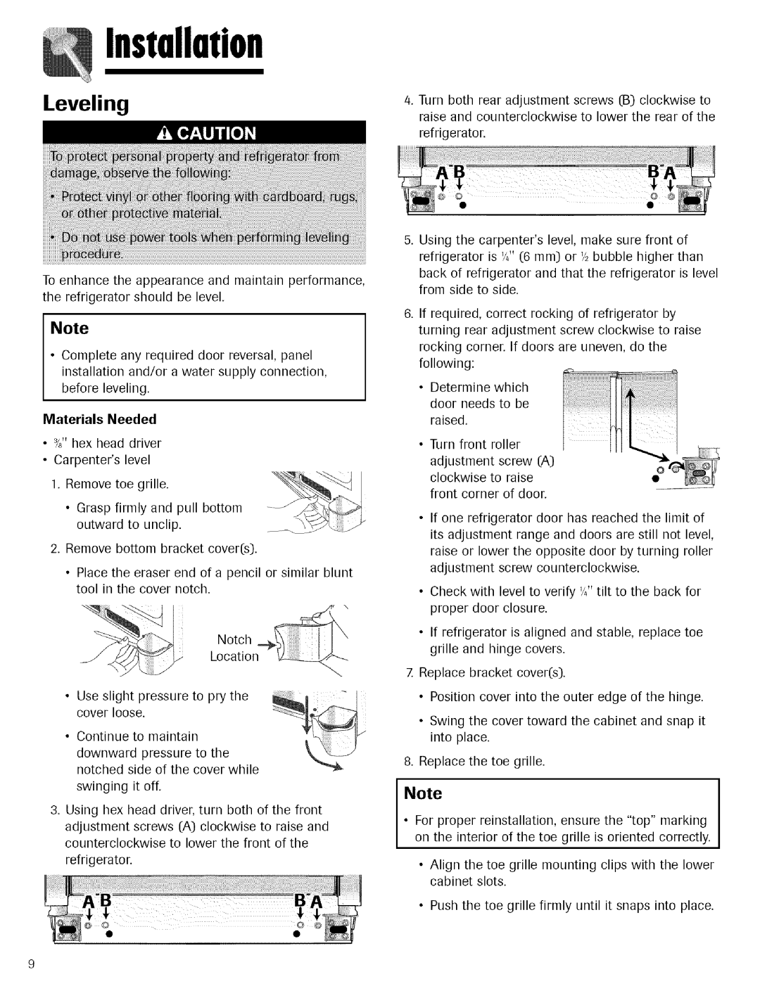 Maytag Refrigerator warranty Leveling, Materials Needed 