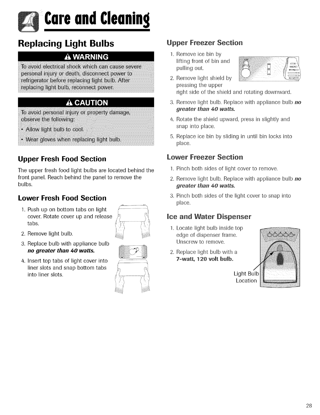 Maytag Refrigerator warranty Replacing Light Bulbs, Lower Fresh Food Section, Lower Freezer Section 