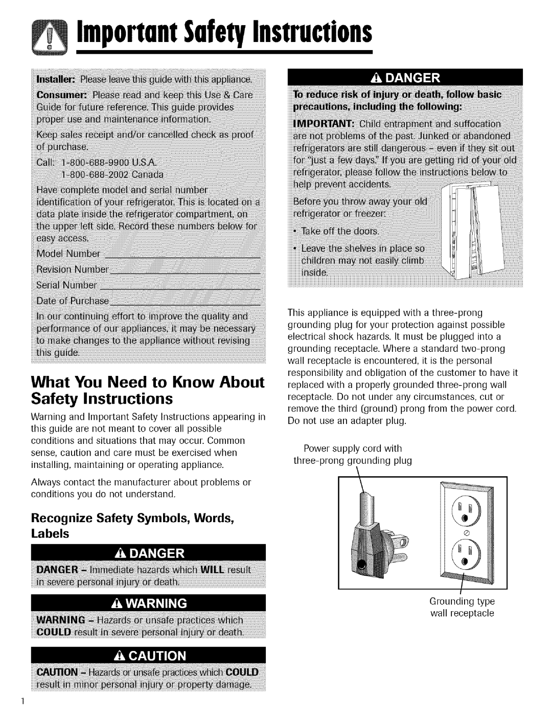 Maytag Refrigerator warranty ImportnntSnfetyInstructions, Safety Instructions, Recognize Safety Symbols, Words Labels 