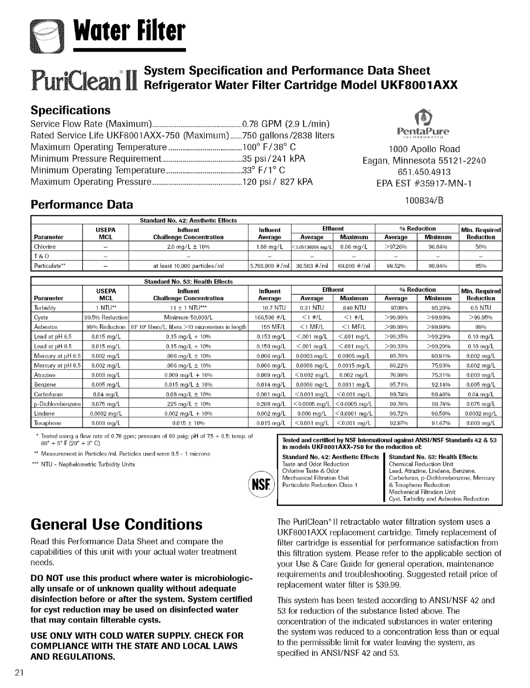 Maytag Refrigerator General Use Conditions, System Specification and Performance Data Sheet, Specifications, WaterFilter 
