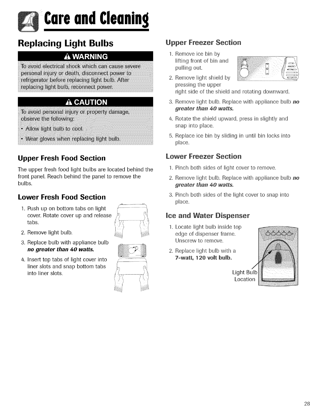 Maytag Refrigerator Replacing Light Bulbs, Upper Fresh Food Section, Lower Fresh Food Section, Upper Freezer Section 