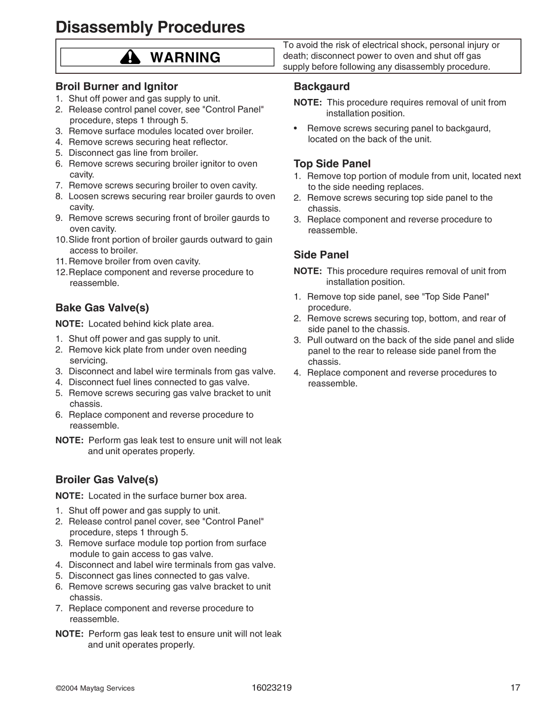 Maytag DGRSC, RJGR manual Broil Burner and Ignitor, Bake Gas Valves, Backgaurd, Top Side Panel, Broiler Gas Valves 