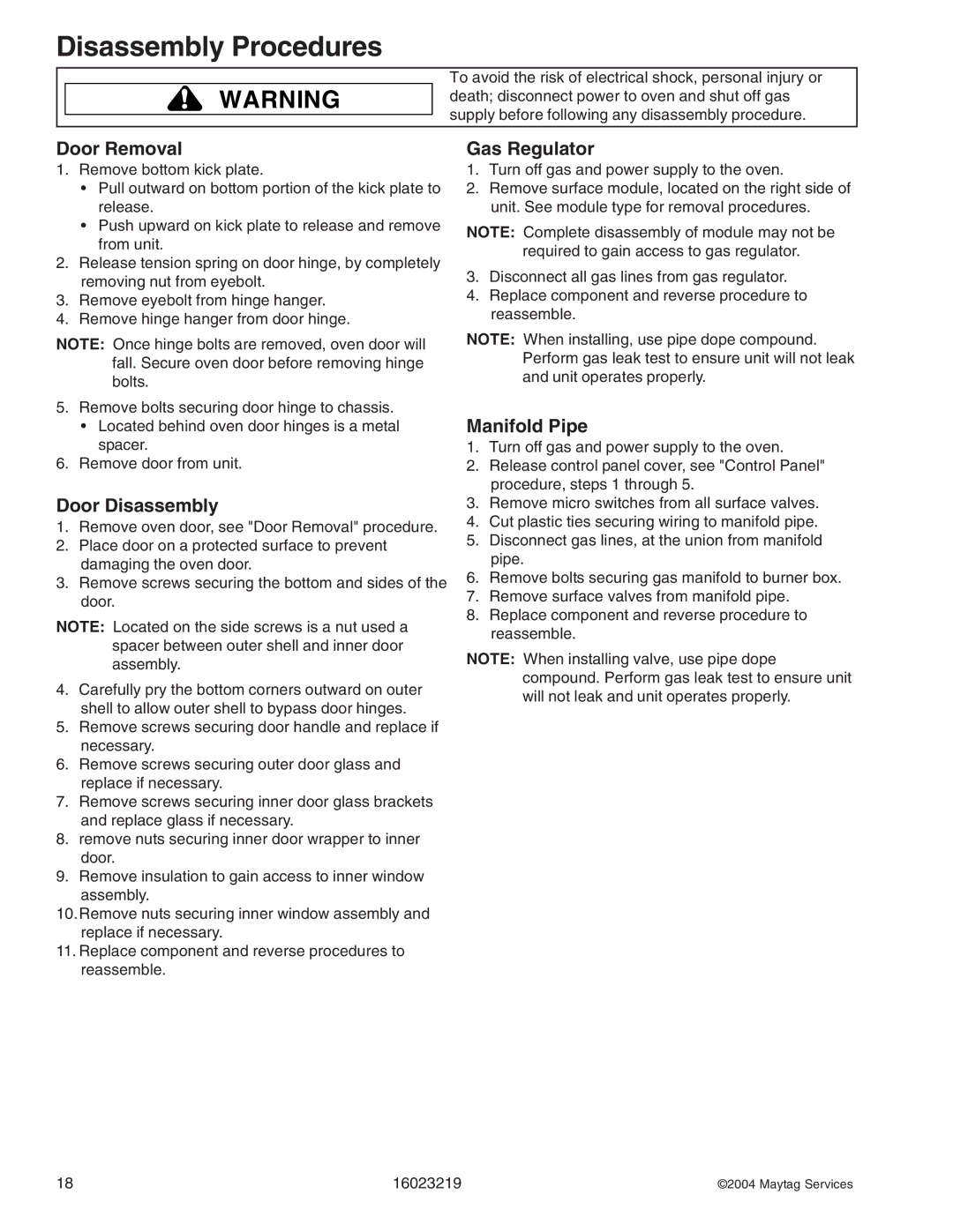 Maytag RJGR, DGRSC manual Door Removal, Door Disassembly, Gas Regulator, Manifold Pipe 
