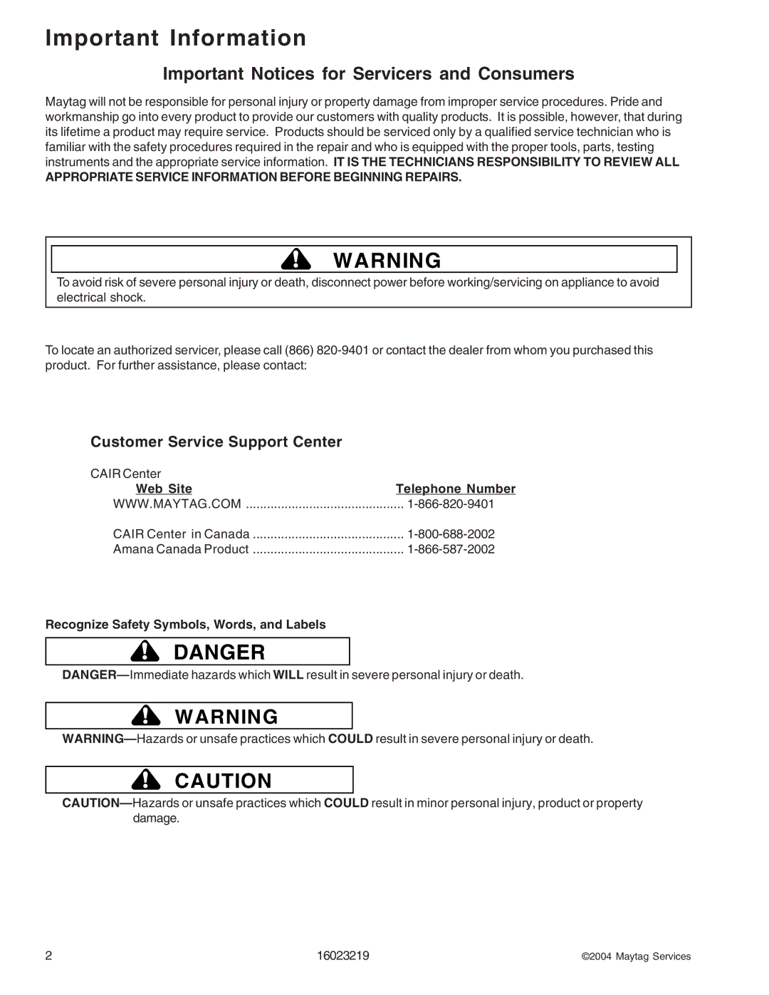 Maytag RJGR, DGRSC manual Important Information, Customer Service Support Center, Web Site Telephone Number 