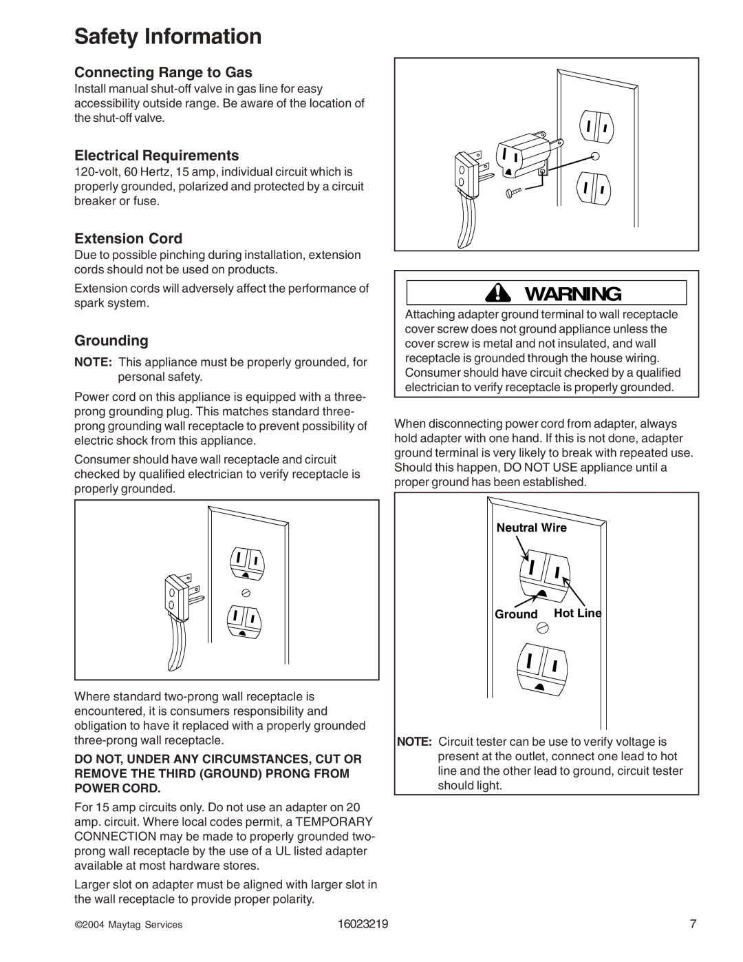 Maytag DGRSC, RJGR manual Connecting Range to Gas, Electrical Requirements, Extension Cord, Grounding 