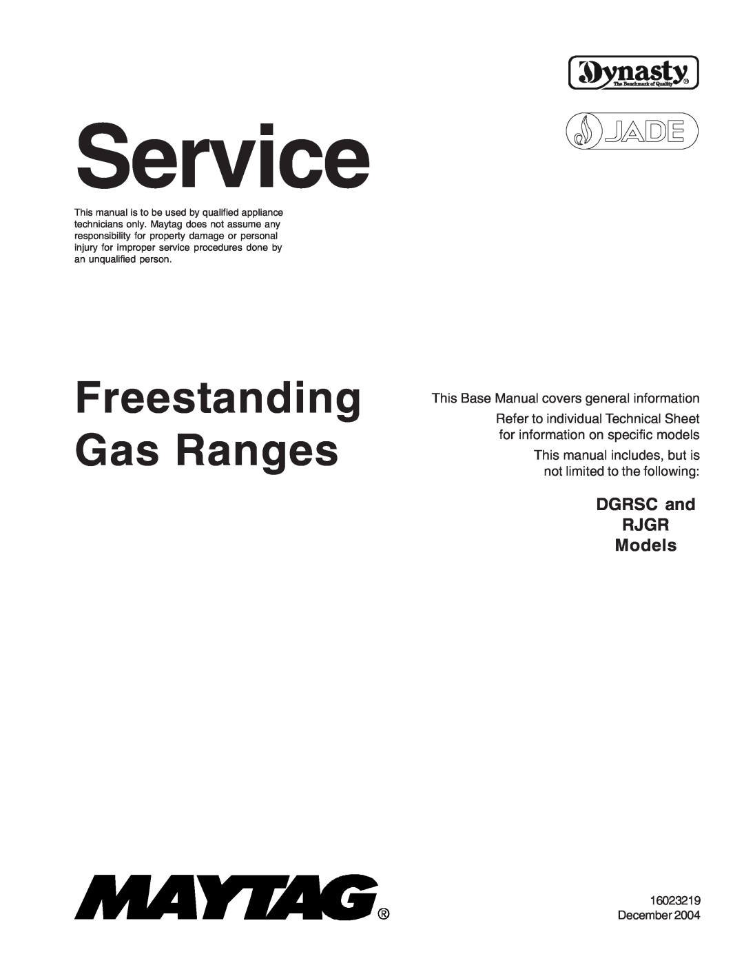 Maytag manual Freestanding Gas Ranges, DGRSC and RJGR Models, Service 