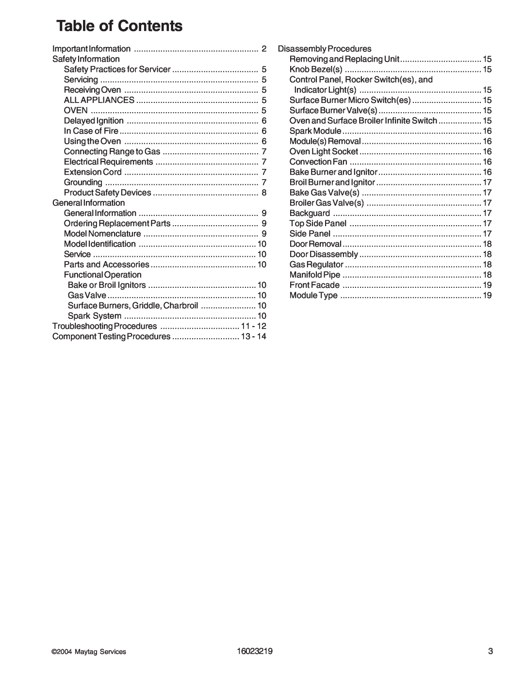 Maytag DGRSC, RJGR manual Table of Contents 