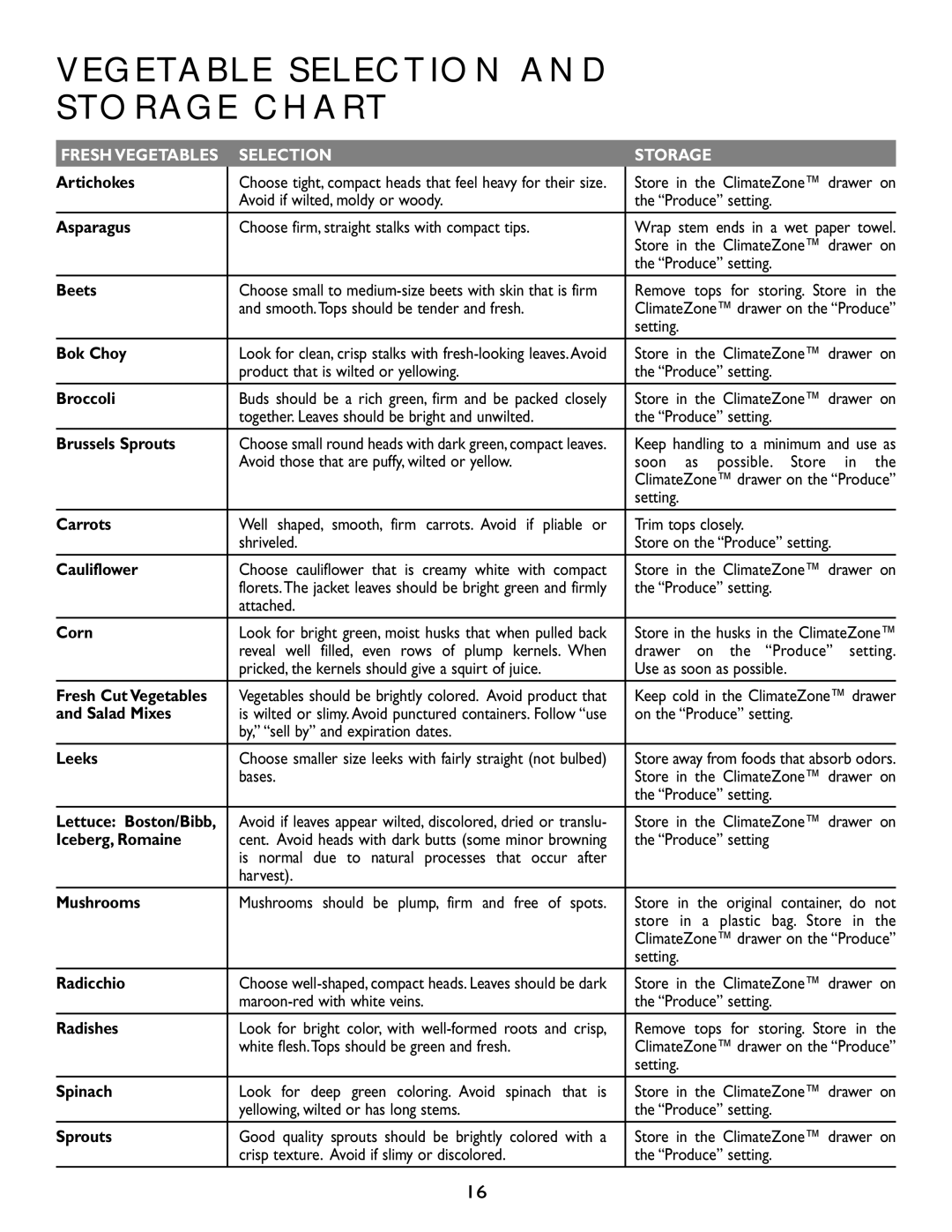 Maytag RJRS4281A, RJRS4881A, RJRS4880B, RJRS4880D, RJRS4880A, RJRS4880C, RJRS4872B, RJRS4882A Vegetable Selection Storage Chart 