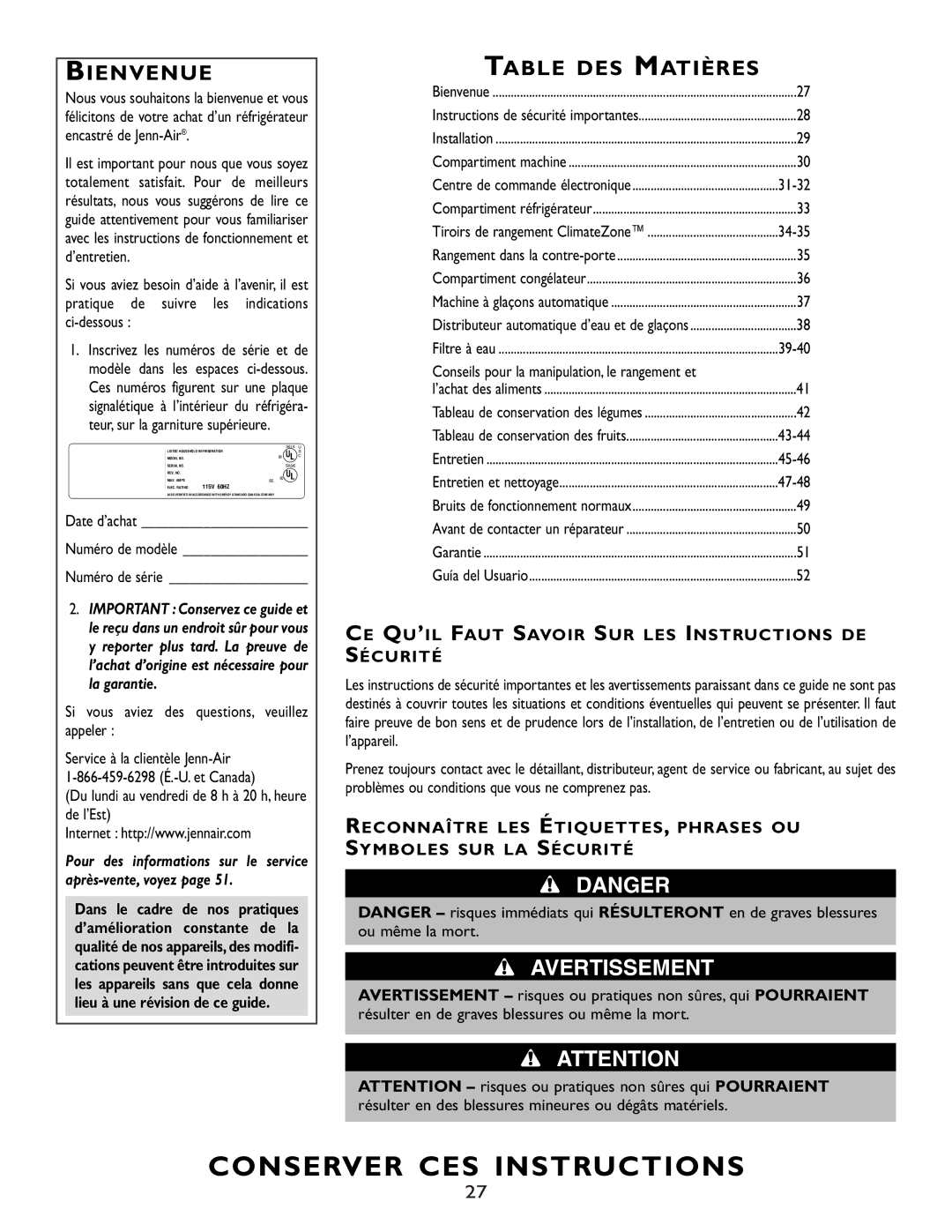 Maytag JS42FWFXDA, RJRS4881A manual Bienvenue, Table DES Matières, Conseils pour la manipulation, le rangement et, Sécurité 