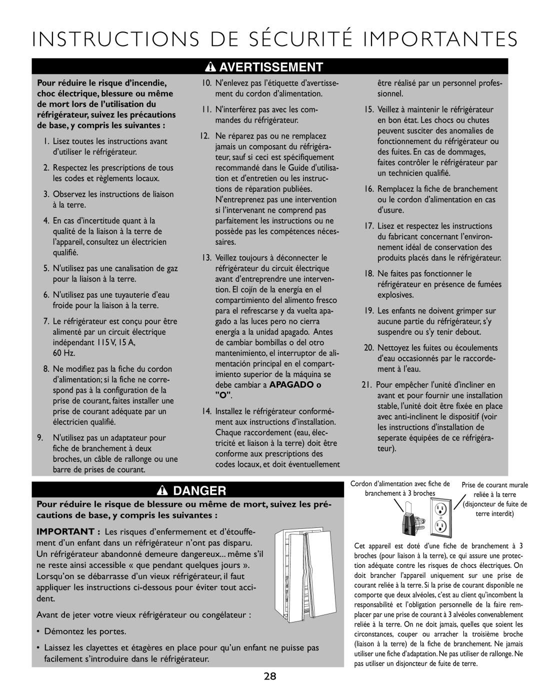 Maytag JS42FWDWDA, RJRS4881A Instructions DE Sécurité Importantes, Observez les instructions de liaison à la terre, 60 Hz 