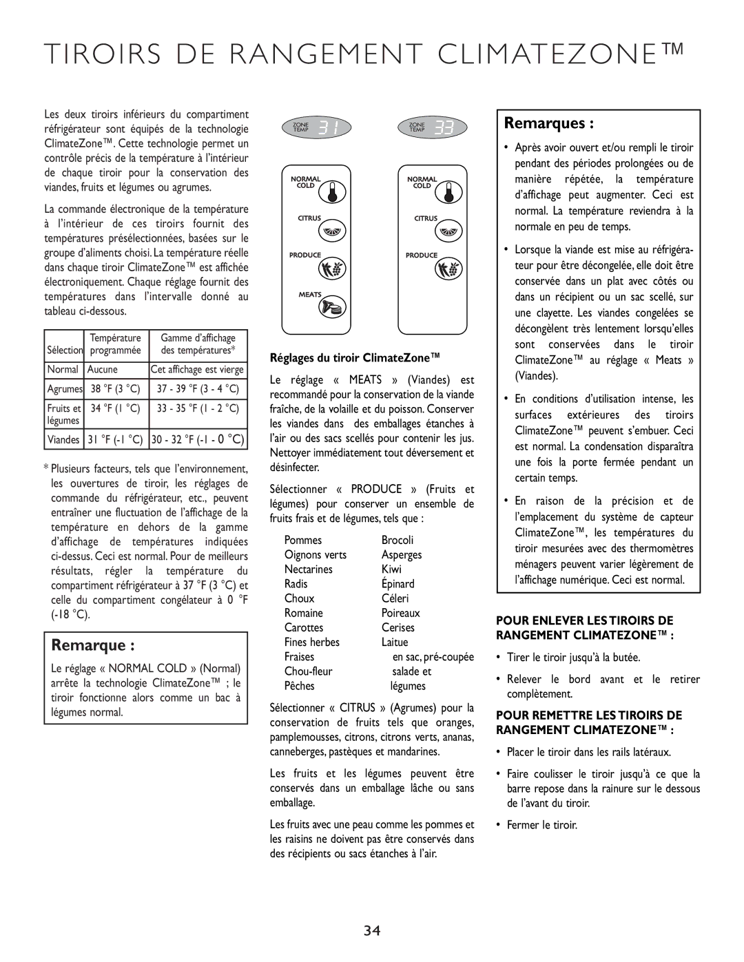 Maytag JS42FBFXDA Tiroirs DE Rangement Climatezone, Réglages du tiroir ClimateZone, Chou-fleur Salade et Pêches Légumes 