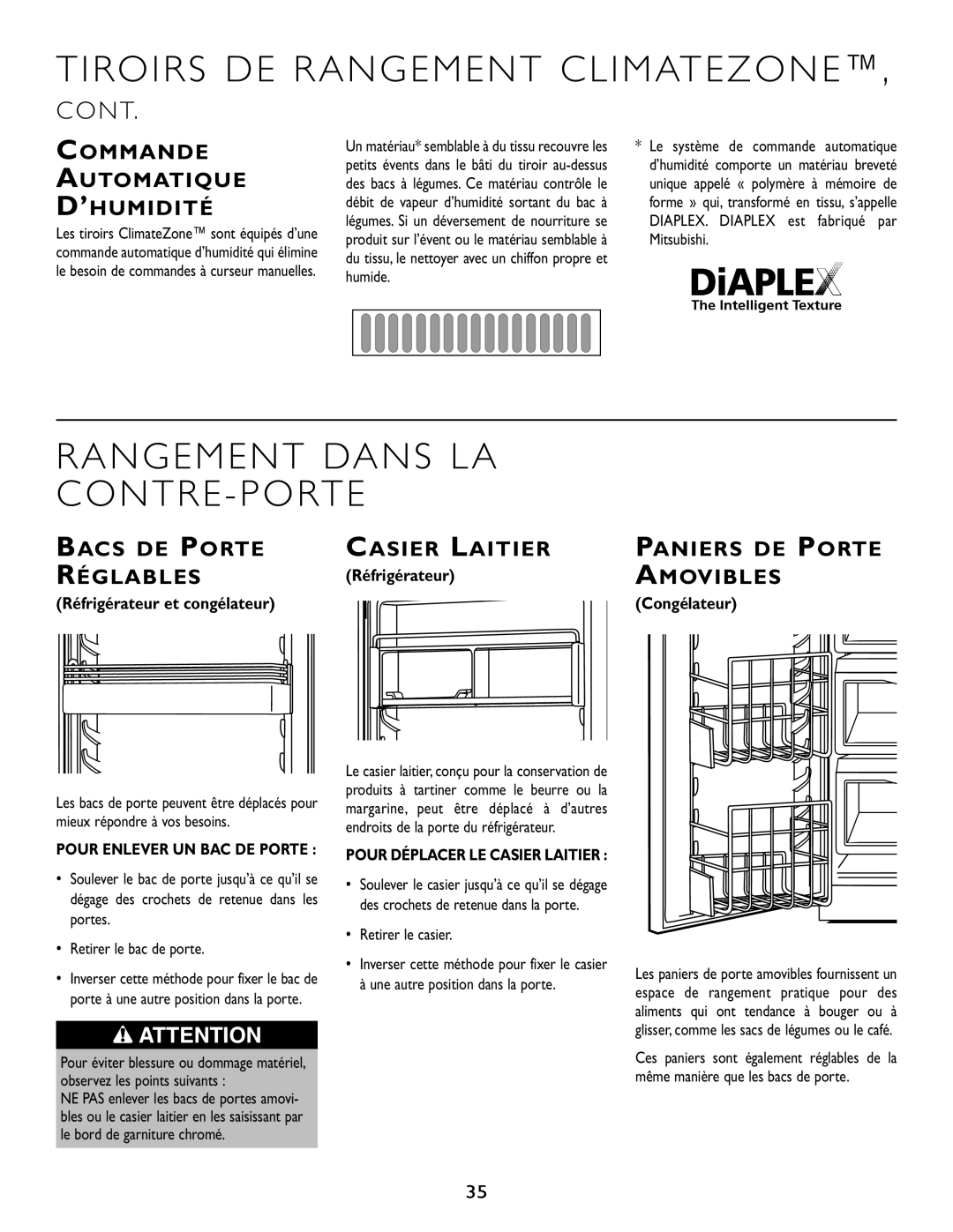 Maytag JS42CSDBFA, RJRS4881A, RJRS4880B, RJRS4880D Rangement Dans LA Contre Porte, Commande Automatique ’HUMIDITÉ, Amovibles 