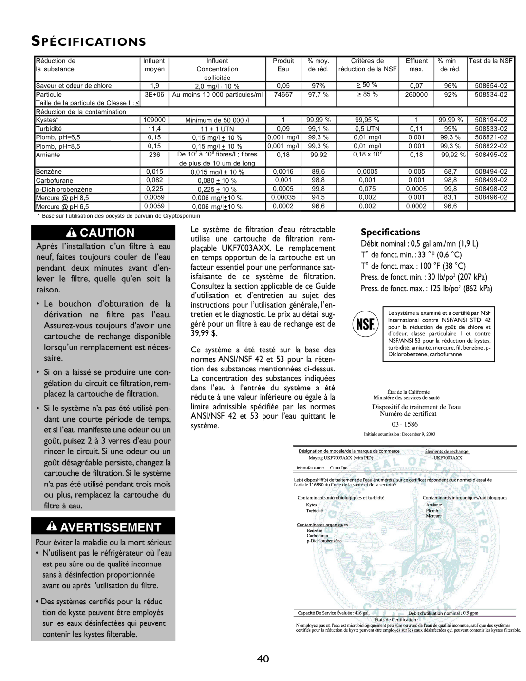 Maytag JS48FSFXFA, RJRS4881A, RJRS4880B, RJRS4880D, RJRS4880A manual Spécifications, Pour éviter la maladie ou la mort sérieus 