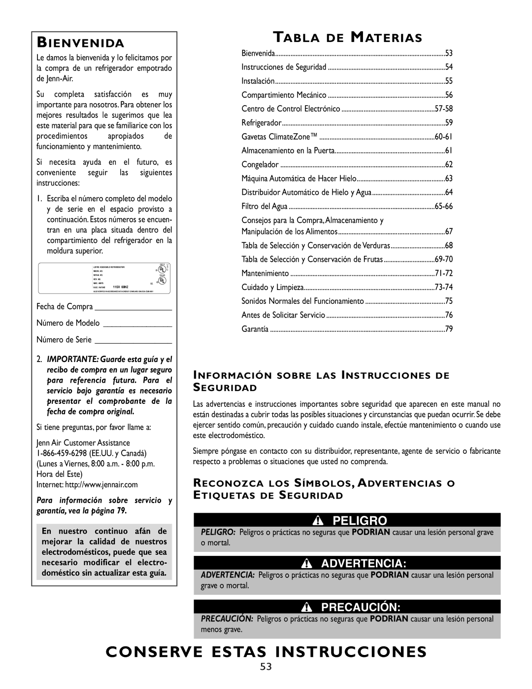 Maytag JS48FWFXDA, RJRS4881A, RJRS4880B, RJRS4880D Bienvenida, Tabla DE Materias, Consejos para la Compra,Almacenamiento y 