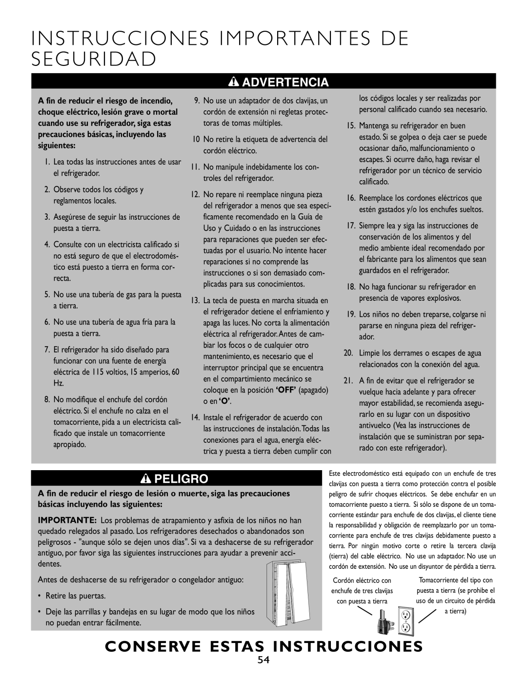 Maytag JS48FBFXFA manual Instrucciones Importantes DE Seguridad, Lea todas las instrucciones antes de usar el refrigerador 