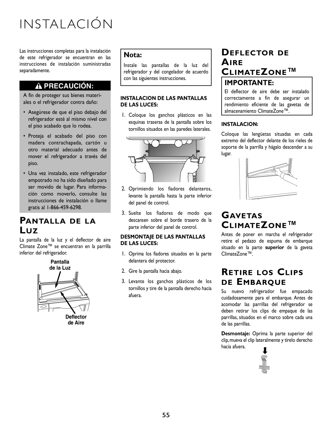 Maytag JS42PPFXDA, RJRS4881A manual S Ta L Ac I Ó N, Pantalla DE LA LUZ, Deflector DE Aire Climatezone, Gavetas Climatezone 