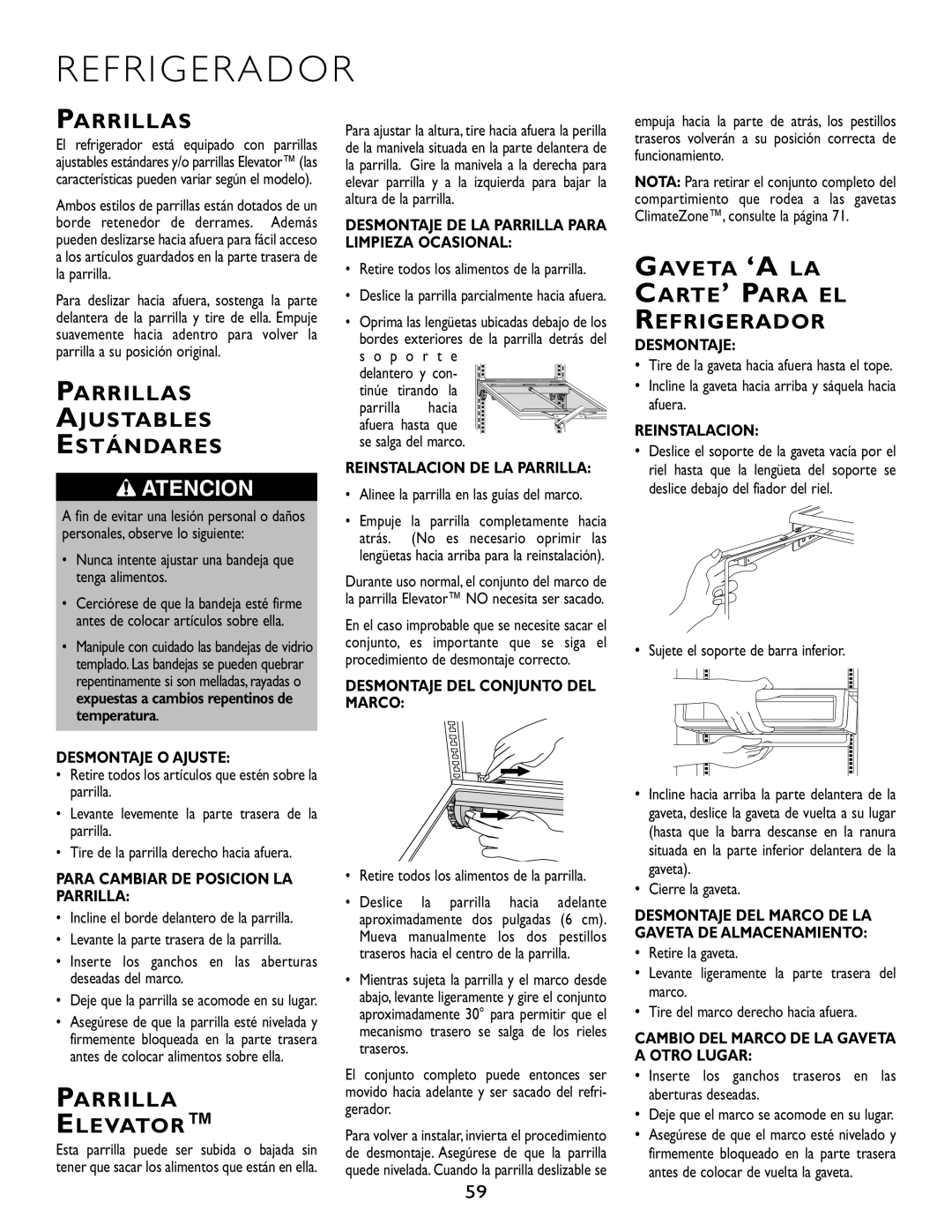 Maytag JS48FBFXDA, RJRS4881A, RJRS4880B manual F R I G E R a D O R, Parrillas Ajustables Estándares, Parrilla Elevator 