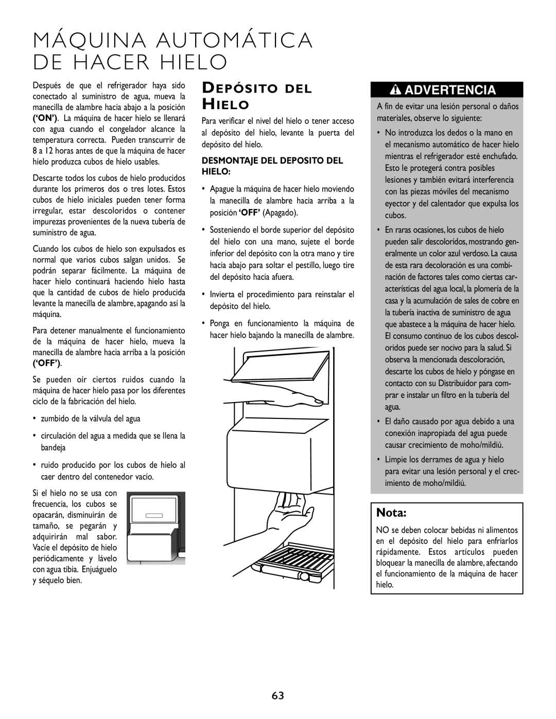 Maytag RJRS4881A, RJRS4880B manual Máquina Automátic a DE Hacer Hielo, Depósito DEL Hielo, Desmontaje DEL Deposito DEL Hielo 