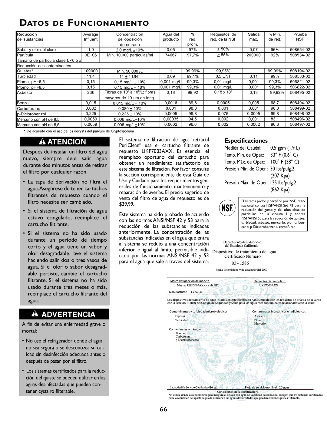 Maytag RJRS4880A manual Datos DE Funcionamiento, Fin de evitar una enfermedad grave o mortal, 207 Kpa, Medida del Caudal 