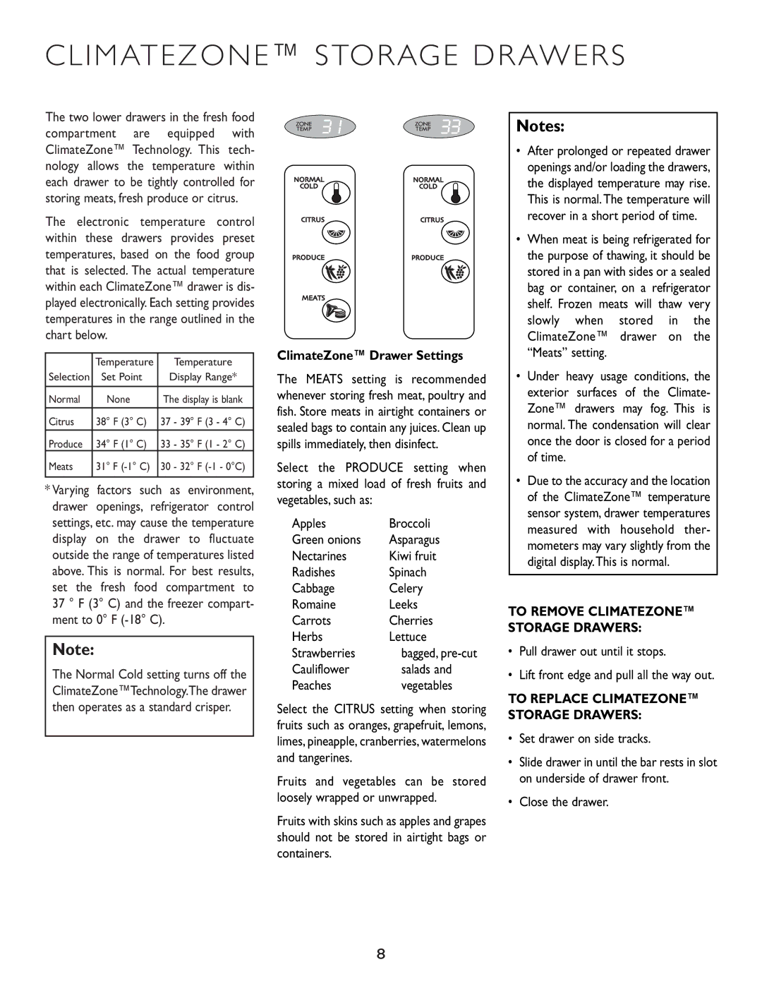 Maytag RJRS4870D manual Climatezone Storage Drawers, ClimateZone Drawer Settings, Cauliflower Salads Peaches Vegetables 