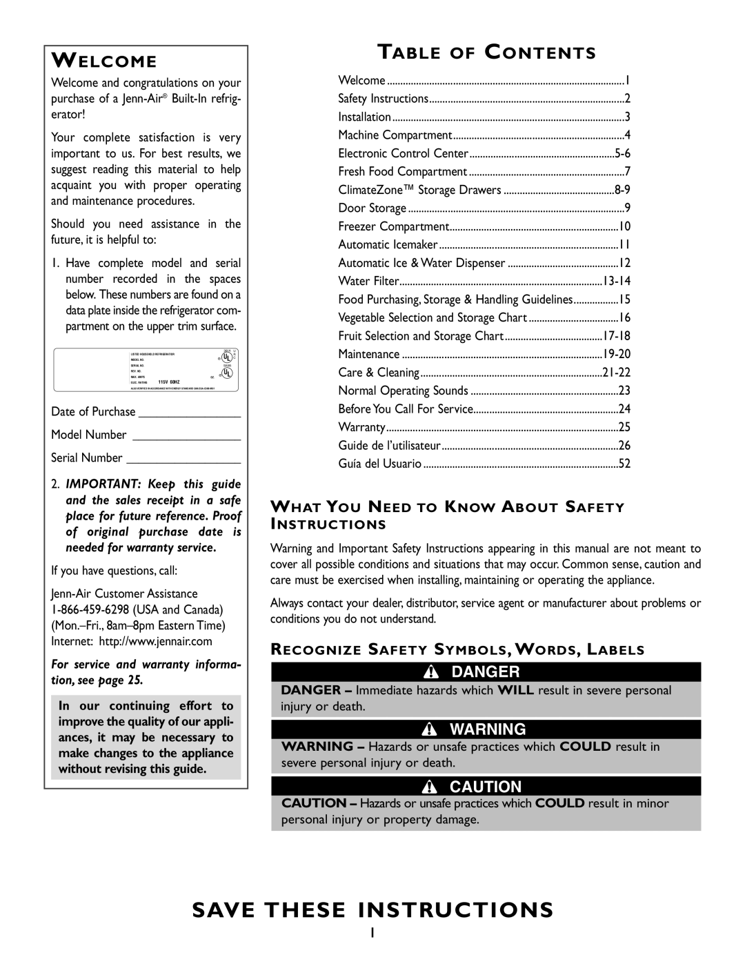 Maytag RJRS4880D, RJRS4881A, RJRS4880B, RJRS4880A, RJRS4880C manual Save These Instructions, Welcome, Table Of Contents, Danger 