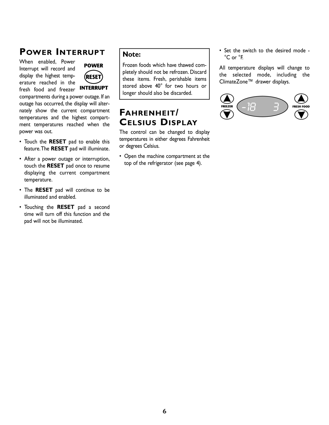 Maytag RJRS4872A, RJRS4881A, RJRS4880B, RJRS4880D manual Power Interrupt, Fahrenheit Celsius Display, fresh food and freezer 