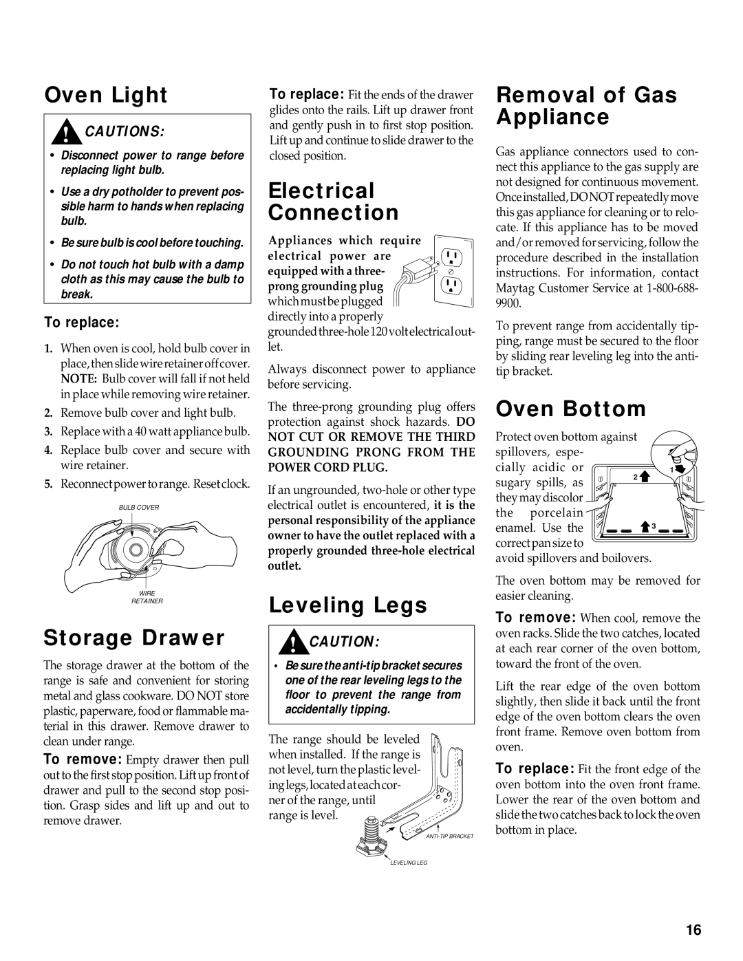 Maytag RS-1 manual Storage Drawer, Electrical Connection, Leveling Legs, Removal of Gas Appliance, Oven Bottom 