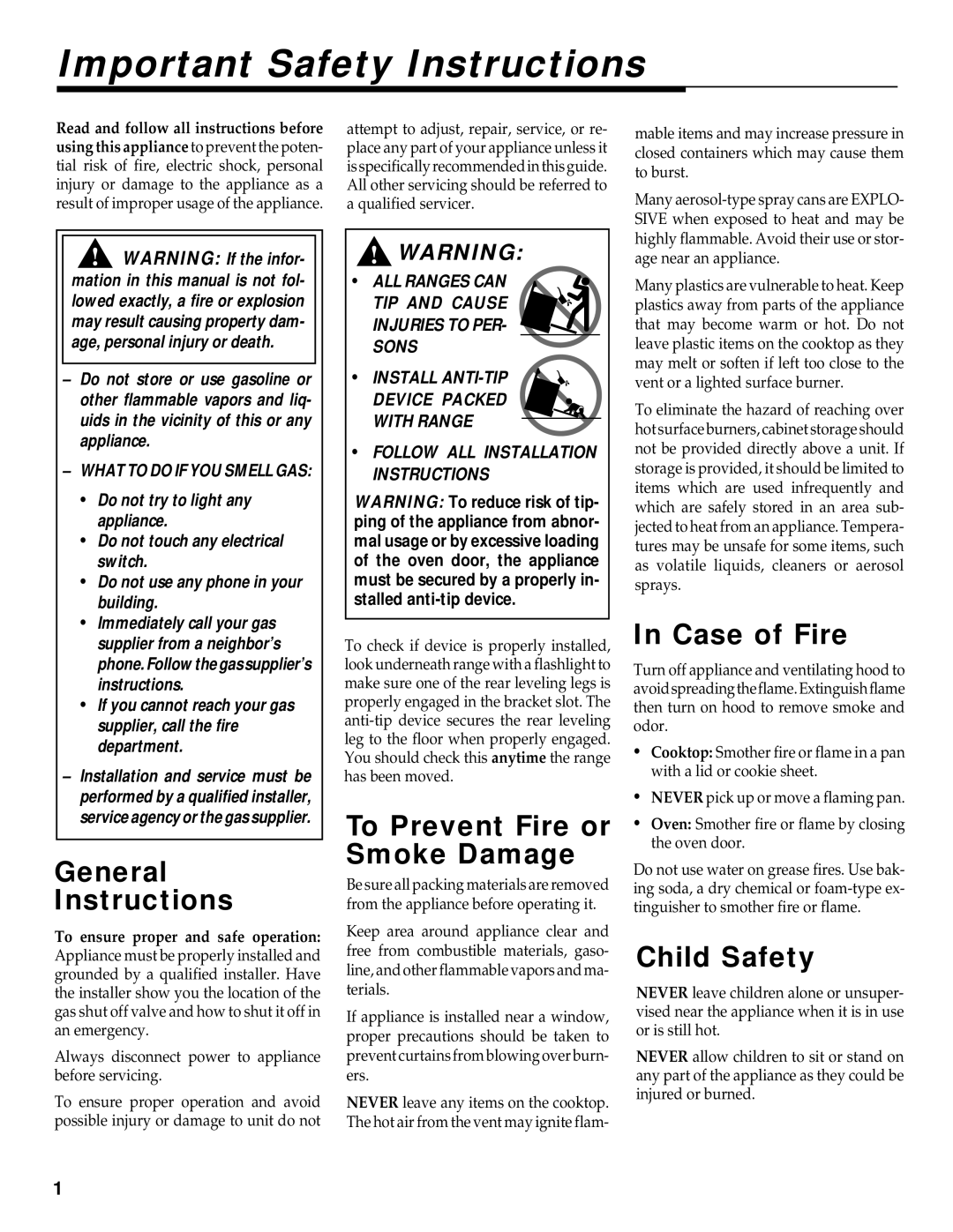 Maytag RS-1 manual Important Safety Instructions, General Instructions, To Prevent Fire or Smoke Damage, Case of Fire 