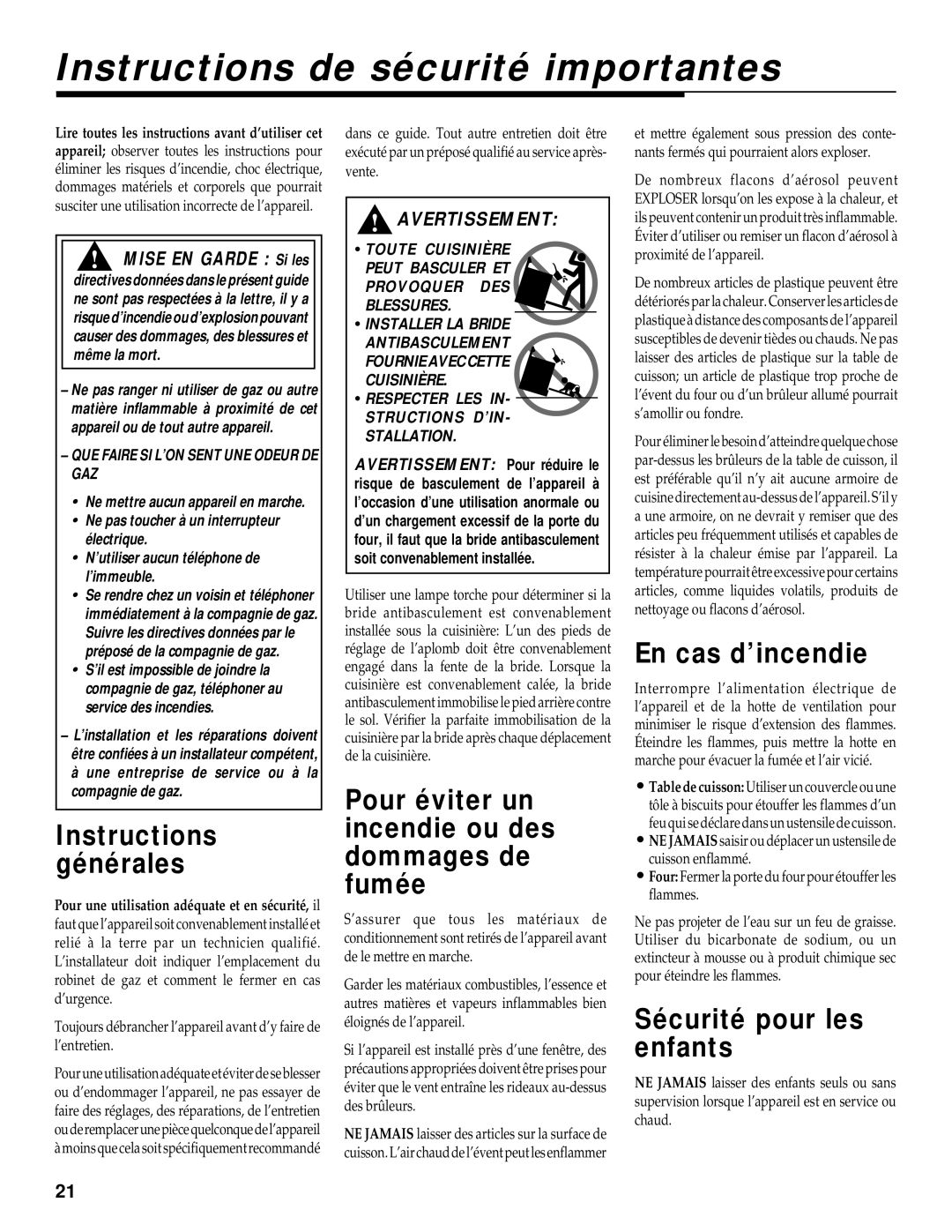 Maytag RS-1 Instructions de sécurité importantes, Instructions générales, Pour éviter un incendie ou des dommages de fumée 