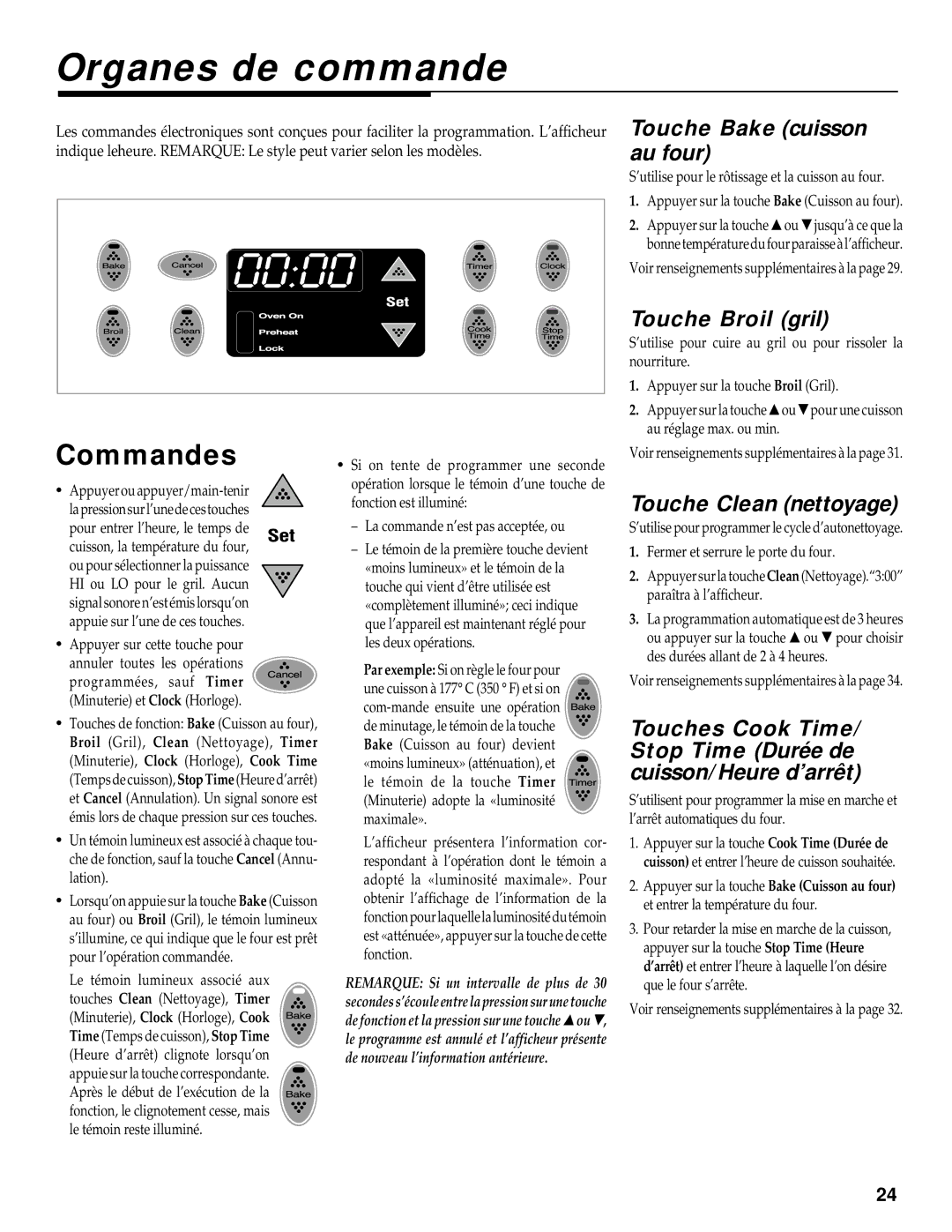 Maytag RS-1 manual Organes de commande, Commandes, Touche Bake cuisson au four, Touche Broil gril, Touche Clean nettoyage 