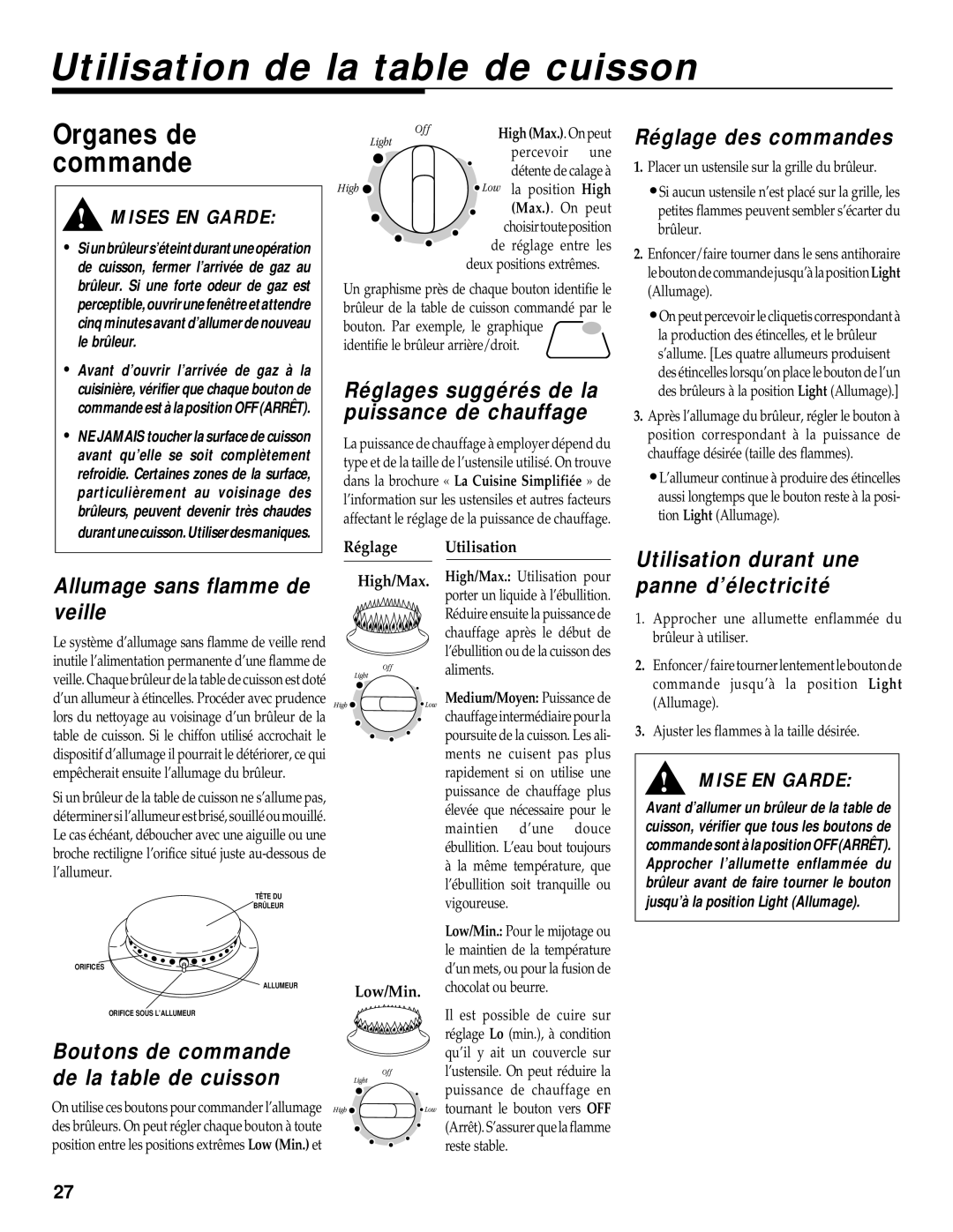 Maytag RS-1 manual Utilisation de la table de cuisson, Réglage des commandes, Allumage sans flamme de veille 