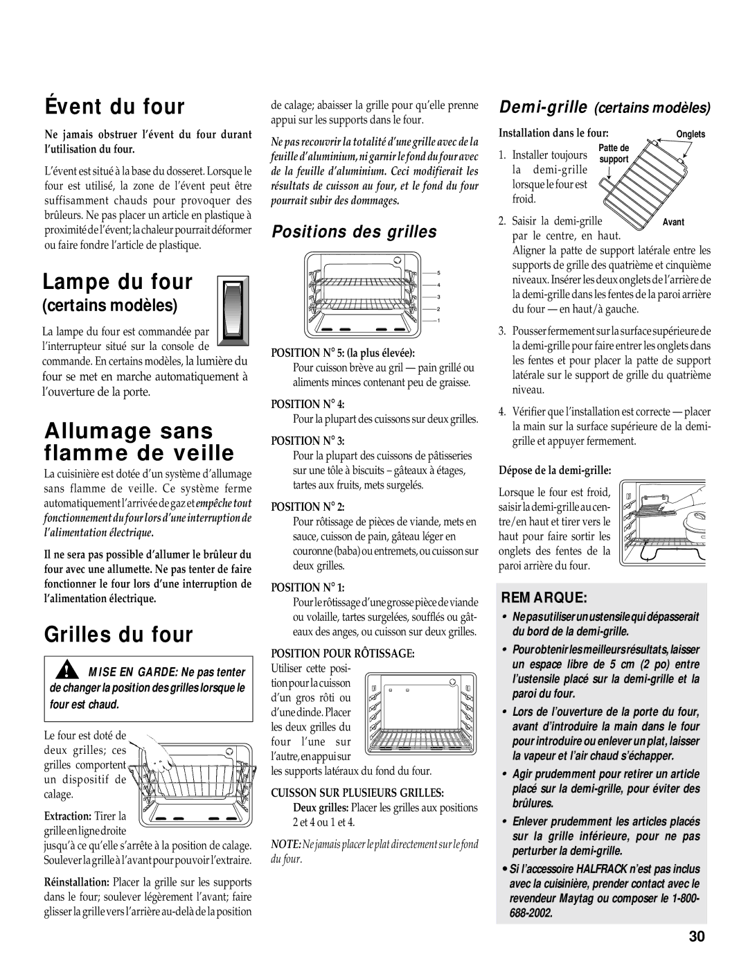 Maytag RS-1 manual Évent du four, Lampe du four, Allumage sans flamme de veille, Grilles du four, Positions des grilles 