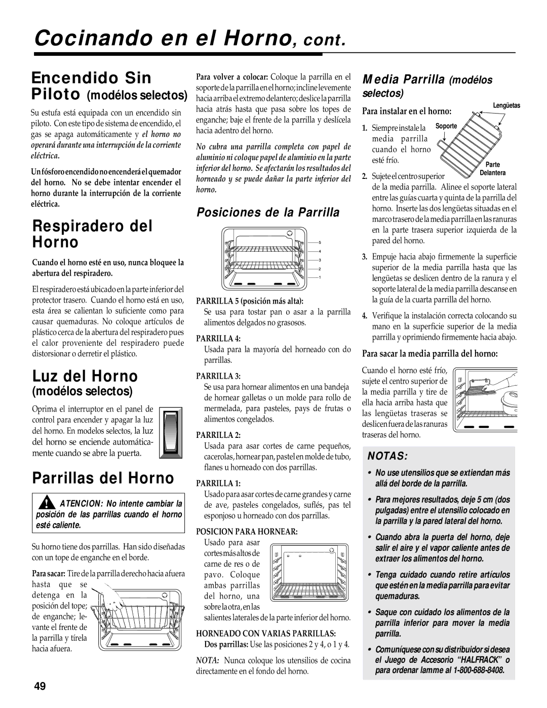 Maytag RS-1 manual Cocinando en el Horno, Encendido Sin, Respiradero del Horno, Luz del Horno, Parrillas del Horno 