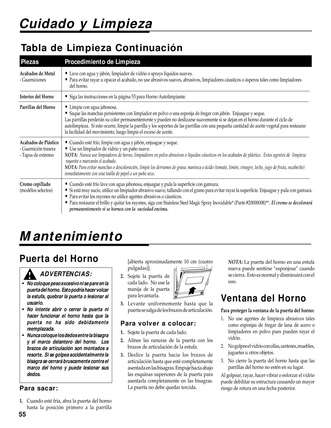 Maytag RS-1 manual Mantenimiento, Tabla de Limpieza Continuación, Puerta del Horno, Ventana del Horno 