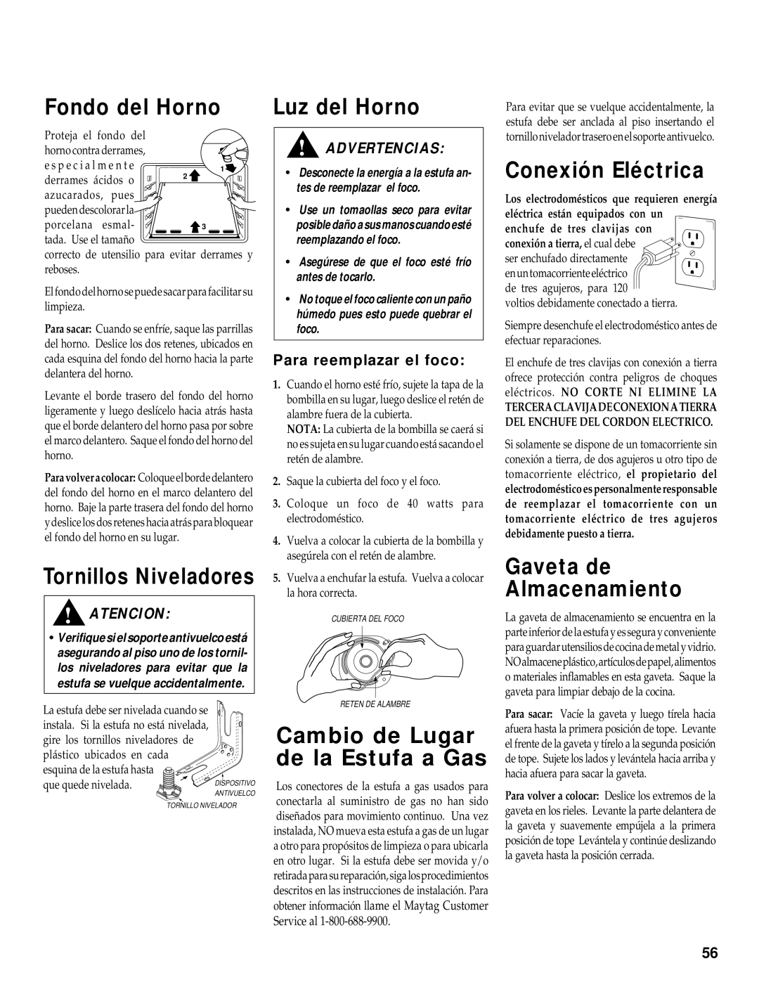 Maytag RS-1 manual Fondo del Horno, Tornillos Niveladores, Conexión Eléctrica, Gaveta de Almacenamiento 